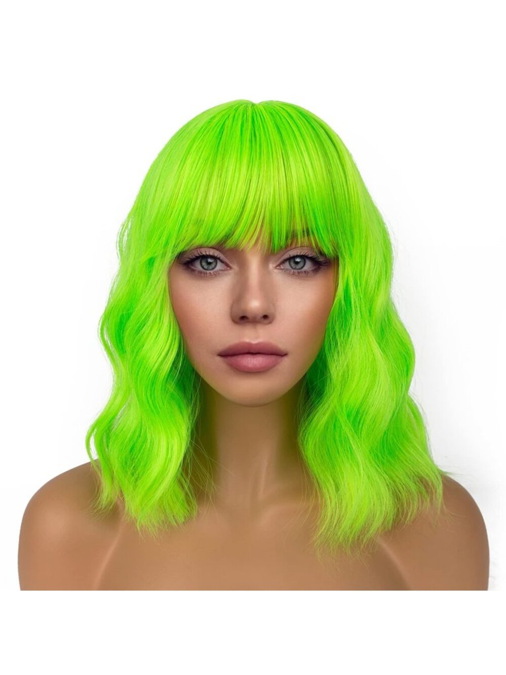 Women's Neon Green Shoulder Length Synthetic Loose Wavy Short Bob Wigs Bangs